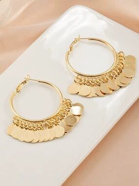 ***Vintage-inspired Gold Coin Fringe Hoop Earrings - Women Jewelry